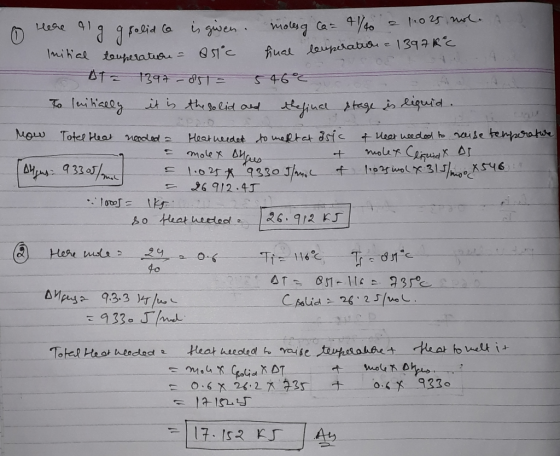 0 here alg gsolid co is given. molesg ca- 4 1/0 2 1.025 nol A S Initial temperature = 85c final temperature = 1397k² AT 1397