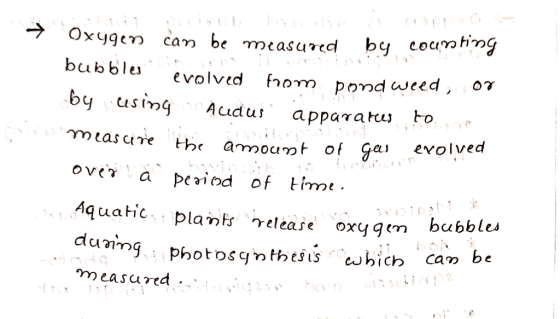 bubbleriin Oxygen can be measured by counting bubbles evolved from pond weed, by using Audus appararees to meascire this amou