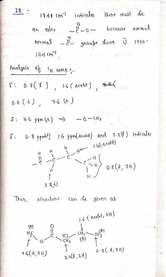 14 Cm rdicales here mus e an ester beccuse hormek haY mas -gous hare 1700 Analysis « A NMR 2.2 (4) 3.6 S:3. ptm () -0-CH3 -8