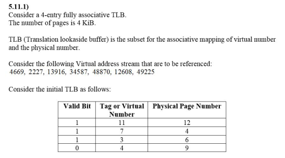 5.11.1) Consider a 4-entry fully associative TLB. The number of pages is 4 KiB. TLB (Translation lookaside buffer) is the sub