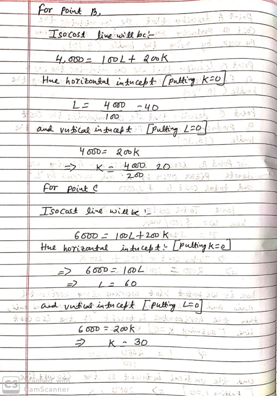 for Point B Isocost line will be atas 10 4,000 = loolt acok Hue horizontal intucept [pulting k ol. 2 = 4000 -40 s and vitical