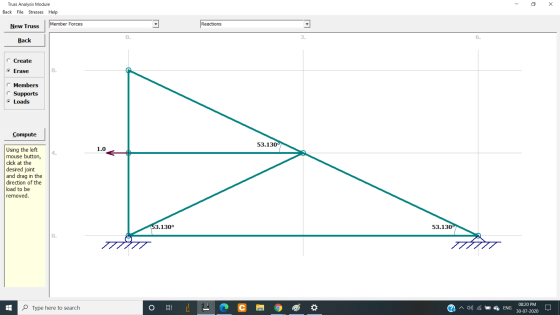 - 0 x Truss Analysis Module Back File Stresses Help New Truss Member Forces Reactions 0. 3 6. Back C Create Erase 8. C Member