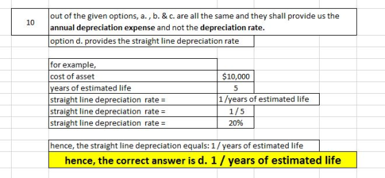 out of the given options, a., b. & c. are all the same and they shall provide us the annual depreciation expense and not the depreciation rate. 10 option d. provides the straight line depreciation rate for example, cost of asset years of estimated life straight line depreciation rate- straight line depreciation rate straight line depreciation rate $10,000 1/years of estimated life 1/5 20% hence, the straight line depreciation equals: /years of estimated lite hence, the correct answer is d. 1/ years of estimated life