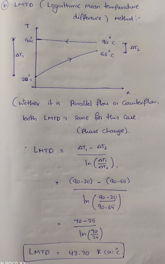 b LMTD Logarthmic Mean temperature difference) method :- T 900 90°c 1 мт, ΔΤ 65°C 20 (whether it is Parallel flow or Counter