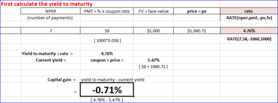 First calculate the yield to maturity NPER PMT = fv x coupon rate (number of payments) FV = face value price = pv rate RATE(n