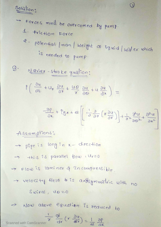 Solalions → Forces must be overcomed by pump. 1. Friction Force 2. polential Iman / weight of liquid Imales which is needed t