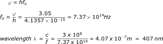 \varphi =hf_o\\\\f_o=\frac{\varphi }{h}=\frac{3.05}{4.1357\times 10^{-15}}=7.37\times 10^{14}Hz\\\\\\wavelength\; \lambda \;= \frac{c}{f} = \frac{3\;x\;10^8}{7.37\;x\;10^{14}}= 4.07\;x\;10^{-7} m\;=\;407\;nm