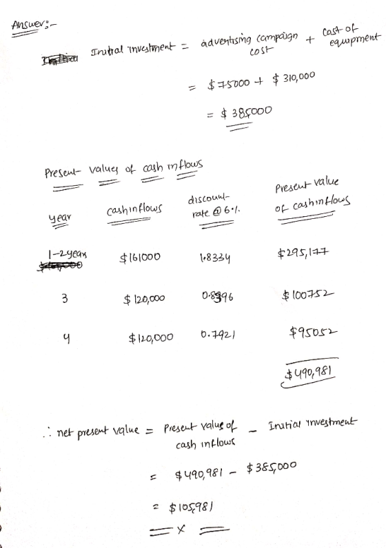 Answer Cast of equртеnt- Tnutral investment = ádventising compaugn CoSt 5000 $ 310,000 1 =385000 Present Value of cash mfowS