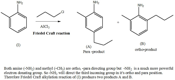 NH2 NH2 NH2 AlCl3 Friedel Craft reaction (B) (A) Para -product ortho-product Both amine (-NH) and methyl (-CH3) are ortho, -p