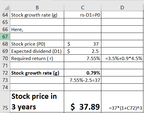 B с D 64 Stock growth rate (g) rs-D1:PO 65 66 Here, 67 68 Stock price (PO) $ 37 69 Expected dividend (D1) $ 2.5 70 Required r