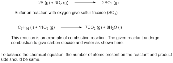 25 (g) + 302 (9) - 2503 (9) Sulfur on reaction with oxygen give sulfur trioxide (SO3) C7H16 (1) + 1102 (9) - 7002 (9) + 8H20