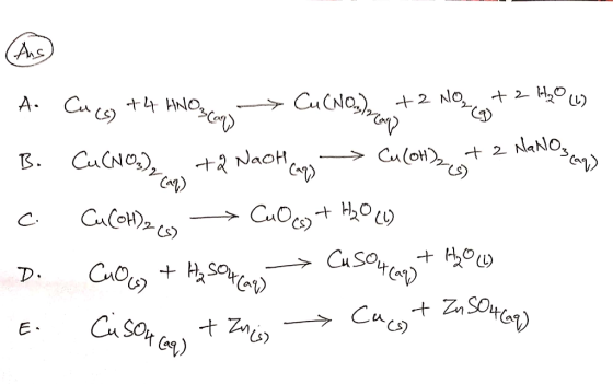 H₂O (L. A. Cuco + 4 HNO₂ Cu (No.) +2 Taq) No. + 2 D H + 2 Nanos can B. Cu(NO3)2 +2 Nach cay Culonast c. CucoHecs → Cu003 + H2