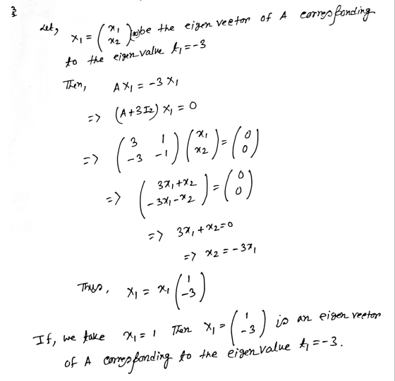 Mew Let, x = ( Josbe the eigen veetor of A corresponding to the eigen value ti=-3 Then, A XI = -3X, => (A+352) X, = 0 3 (3-1)