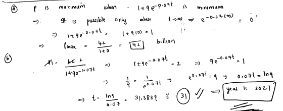 unuixow a 1+9 € 0.071 is minimum AS Forf o =) e -0.07100) ös 1+9e-0.071 p is when possible only when - 1 + 910) = 1 Pmax 42 b