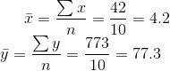 \bar{x} = \frac{\sum x}{n} =\frac{42}{10} = 4.2\\ \bar{y} = \frac{\sum y}{n} =\frac{773}{10} = 77.3