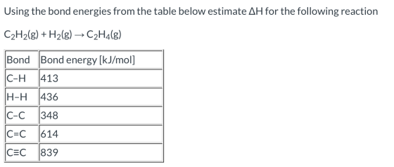 Using the bond energies from the table below estimate AH for the following reaction C2H2(g) + H2(g) → C2H4(g) Bond Bond energ