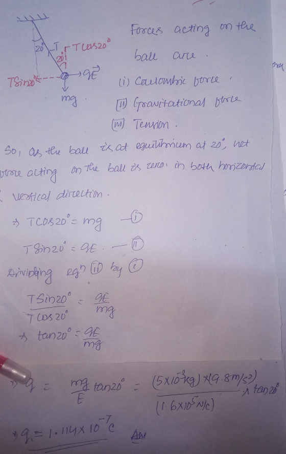 I 201 esh Forces acting on the 20 _Tr Tesco ball are AGE Tsinot () Caulombric force ! mg (11) Gravitational force (m) Tension