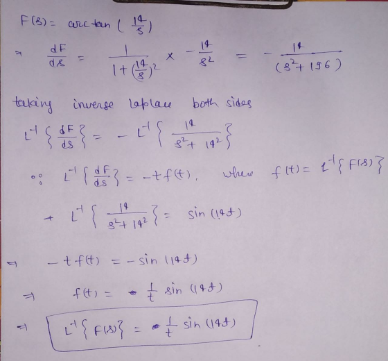 F (B) = arc teen (16) dF Х = 14 82 It Š) (8 + 196) taking inverse Laplace both sides dF ? Lt 8² + 19² LY ds ets frs)} where f