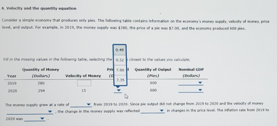 4. Velocity and the quantity equation Consider a simple economy that produces only pies. The following table contains informa