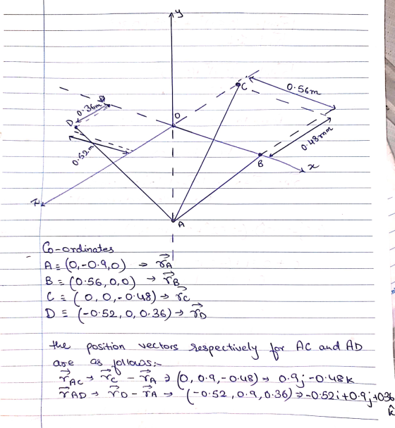 0.56m 36 mes 0.48mm 0.52m B » SA Co-ordinates A: (0,-0.9,0) B (0:56,0,0) > PB C = (0,0,-0.48) re D= (-0:52,0,0.36) ► Ds in th