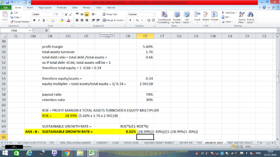 Home nert Page Layout Formulas Data Review View dd-Ins s Cut aCopy Σ AutoSum ー E ゴWrap Text в 1 프 . Ej-., Δ. : rーー 逻锂函Merge & Center. $, % , 弼,8 Conditional Format eCell Insert Delete Format Sort &Find & 2 ClearFe Select Editing Format Painter Formatting, as Table w styles. ▼ ㆆ ▼ Clipboard Alignment Number Cells Formula Bar CL CM CN CO CP CR CS CT CU CV CX CY CZ 48 49 50 51 52 53 54 profit margin total assets turnover total debt ratio = total debt /total assets = so if total debt-0.66, total assets will be -1 therefore total equity 1-0.66 0.34 5.60% 1.76 0.66 therefore equity/assets - equity multiplier total assets/total equity 1/0.34 0.34 2.94118 56 57 58 59 60 61 62 63 64 65 70% payout ratio retention ratio ROE = PROFIT MARGIN X TOTAL ASSETS TURNOVER X EQUITY MULTIPLIER ROE 28.99% (5.60% x 1.76 x 2.94118) ROE*b/(1-ROE*b) SUSTAINABLE GROWTH RATE ANS : B: SUSTAINABLE GROWTH RATE 9.52% (28.99%(1.30%))/(1-(28.99%(1-30%)) 4 ‘ ト OCF CASH FLOW STAT N -FCF -ARM MSI confidenceINDEX -CURRENCY LOAN CROSS OVER HEDGING MONEY MARKET -GM HPR AM TAX GROWTH SUST PREF AND DIV POLICY I 23-01-2019
