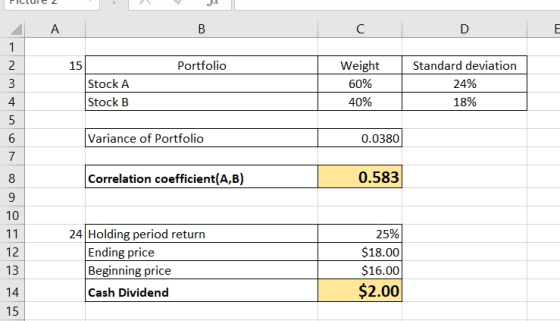А В C 1 2 Portfolio Weight Standard deviation 15 Stock A 24% 60% Stock B 40% 18% 5 Variance of Portfolio 6 0.0380 7 Correlati