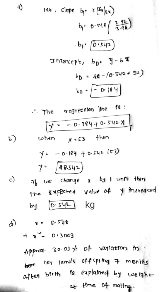 (0) let, slope by & (by/3x) by: 0-544 392 3.96 bi 0:542 Intercept, bo= y ba bp : 28-10.542 • 52) bo 0.184 PS! . The regressi