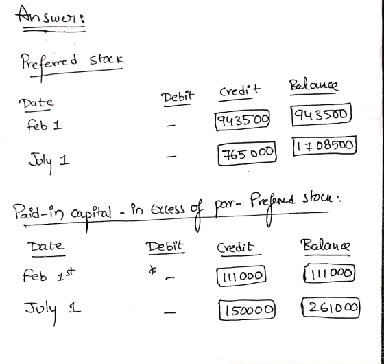 Answer: Preferred Stock Date feb 1 Debit Credit Balance 943500 943500) - [765000 [1708500 Paid-in capítol - in excess of por-