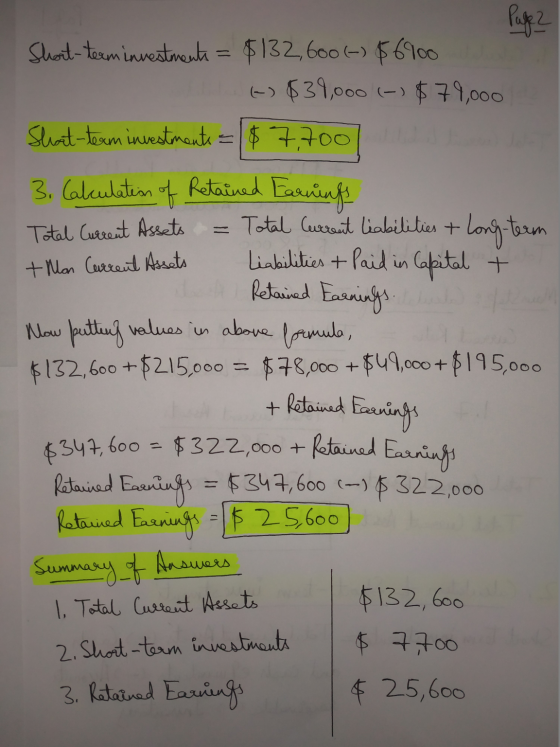 Page 2 Short-term investments = $132,600 (-) $6900 (-) 638,000 (-) $78,000 Short-term investments = $7,700 3. Calculation of
