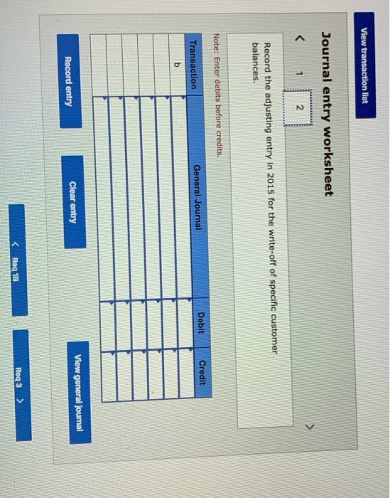 View transaction list Journal entry worksheet Record the adjusting entry in 2015 for the write-off of specific customer balan