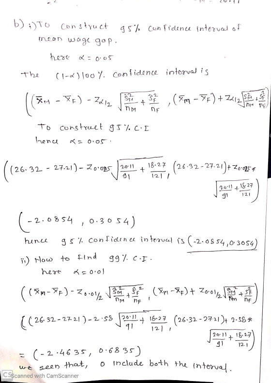 (X17 - Xp) - 2012 b) :) To construct Construct 95% confidence interval of mean wage gap. here x = 0.05 The (1-x) 100 y. confi