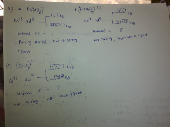 5). a. Fe(CN) - Tre CH.), ) 13 Meg Fet 3d Latig Lalalalta un pailed és - I ē - 5 sweet unfailed portal Pairing occurs - CN is
