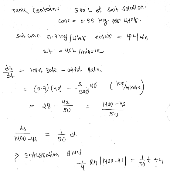 Tank contains 500 L of salt solution. conc= 0.95 kg per liter. PL min salt conc. 0.7kg /liter enter out a UOL /minute sele In