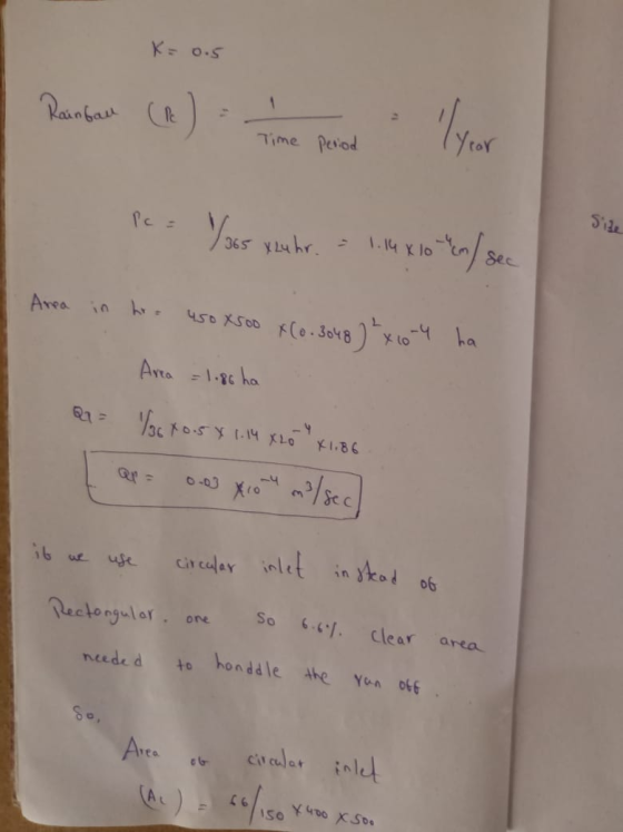 K= 0.5 Renbal (d) 1 Time Pied Rainfall lyar Time Period S2 Pc = 1/365 Xhuhr. = 1.14 X 10 (m / sec Area in hr 450 X 500 X (0