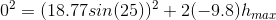 0^2 = (18.77 sin (25))^2 + 2(-9.8)h_{max}