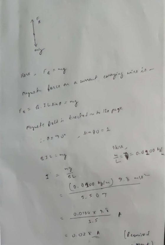 Magnetic field is dreched in to the page B mg Here carrying wire is. a current Magneke force on FB = B. IL sino = singo=1 th