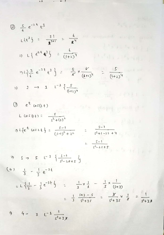 e-2t +3 31 Lity > { e ² + d ) 6 (5+2) > { / 2 } are X 5 (5+2)4 (5+2) --> 2 → 1 2-{ 5+2) et cos(2 t) S LWS (26) s²+(21² Let os