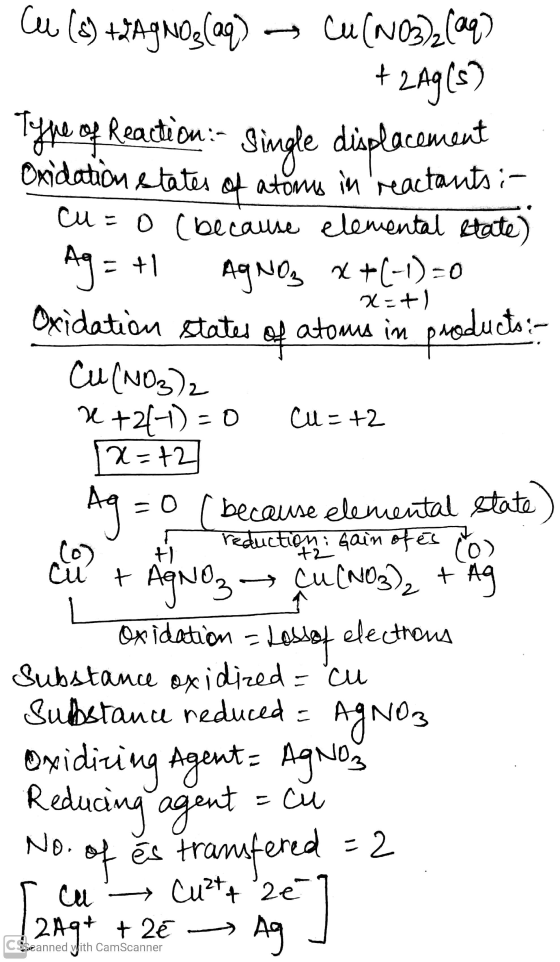 20=+1 Cu (8) + AgNO3(aq) + Cu(NO3)2 (aq) +299 (5) Type of Reaction: Single displacement Oxidation states of atoms in reactant