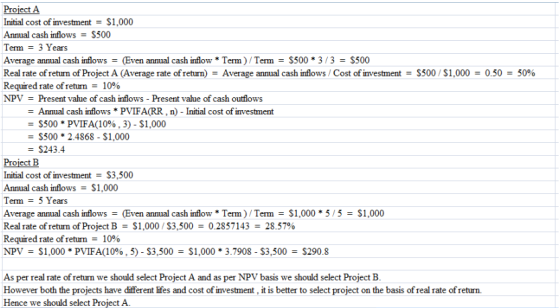 Project A Initial cost of investment = $1,000 Annual cash inflows = $500 Term = 3 Years Average annual cash inflows = (Even a