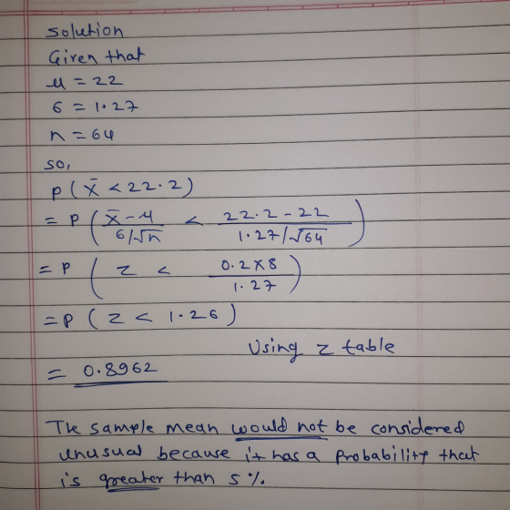 solution Giren that So 乙< Usine z table 二 0.89 62. unusue) because t has a Probabilibr thes
