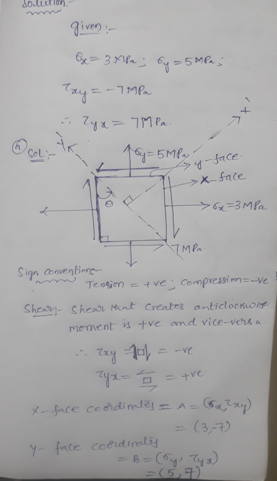 giver :- Be=3418a; by = 5MPa ; Tay= =- 7 MPa Zyx=7MPa to 16y=5MPN Sole y-face. > x-face > x=3 MPa L TMPa. Sign conventionan