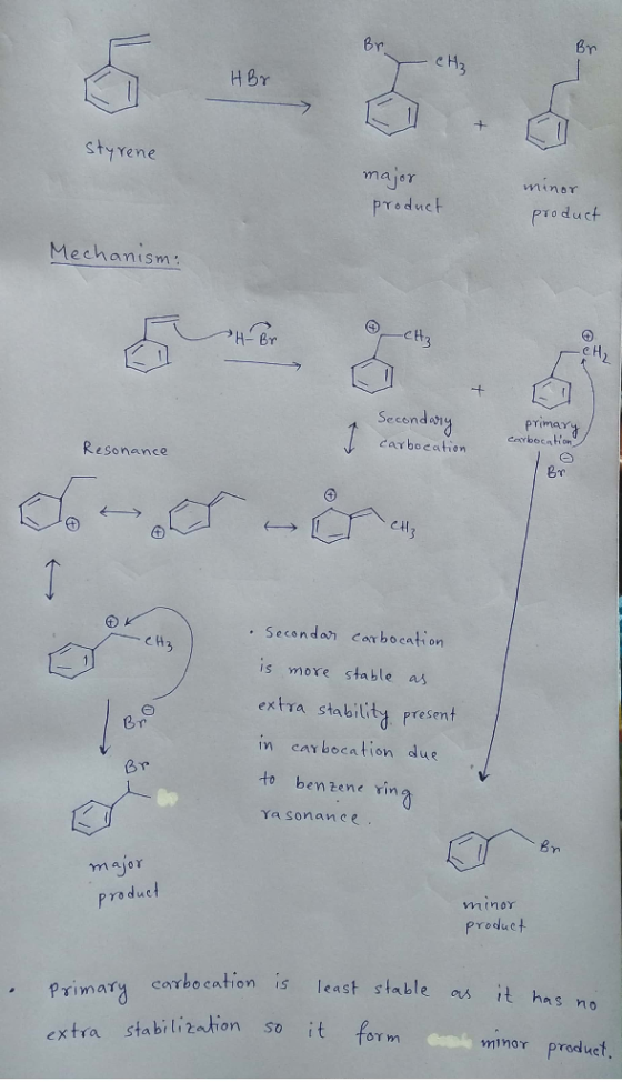 TH CH3 HBr styrene major product minor product Mechanism: 11 Secondary primary Carbocahon Resonance carbocation Br - CH₂ Seco