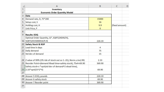 A B с D 15000 16 9.9 (fixed amount) 0 1 Inventory 2 Economic Order Quantity Model 3 Data 4 Demand rate, D, 75*200 5 Setup cos