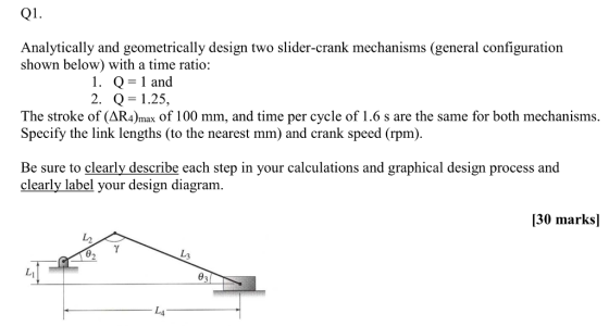 Q1 Analytically and geometrically design two slider-crank mechanisms (general configuration shown below) with a time ratio: I, Q= l and 2. Q= 1.25, The stroke of (AR4)max of 100 mm, and time per cycle of 1.6 s are the same for both mechanisms Specify the link lengths (to the nearest mm) and crank speed (rpm). Be sure to clearly describe each step in your calculations and graphical design process and clearly label your design diagram. 130 marksl L2 L1 3 ?4