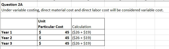 Question 2A Under variable costing, direct material cost and direct labor cost will be considered variable cost. Year 1 Year