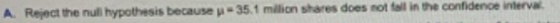 A Reject the null hypothesis because y - 35.1 million shares does not fall in the confidence interval