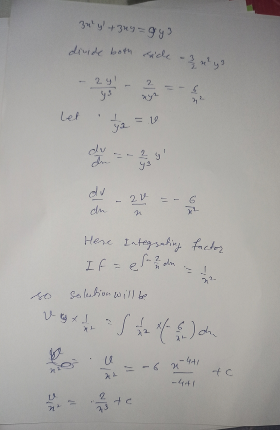 zu²y +Buy=943 divide both side 2y! ys 2 6. 2 bet ya = v du - 2 y lu 93 du du 2 v 2. do Here Integsating factor If= es du 1