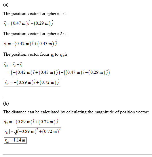 The position vector for sphere 1 is (0.47 mi-(0.29 m The position vector for sphere 2 is: ,--(0.42 m)? +(0.43 m) The position