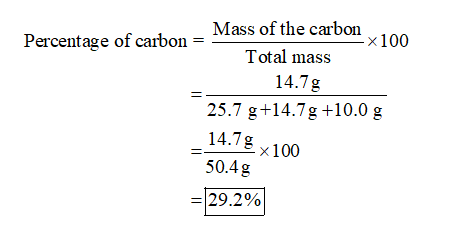 Mass of the carbon Percentage of carbon = = 1x100 Total mass 14.7g 25.7 g +14.7 g +10.0 g 14.7g x100 50.4g = 29.2%