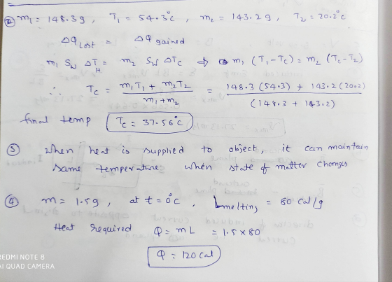 om = 148.39 = 54.36 m₂ = 143.29, T₂ = 20.2°c oa lost all gained a m, sw OT = Me Swote & com, (T.-Tc ) = m₂ (Te - Iz) Te = mit